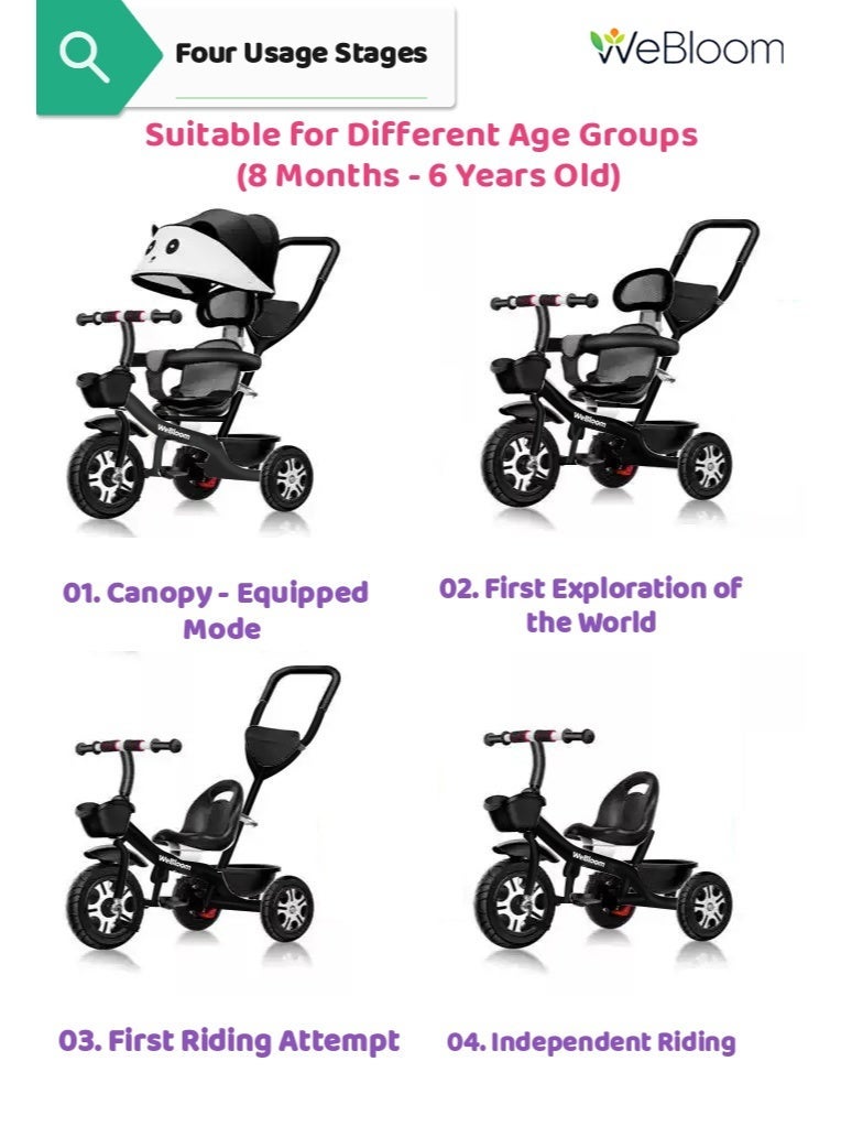 WeBloom Children's Tricycle, 4-in-1 Stroller 2-way Swivel Seat for Toddler Boys and Girls,with Seat Belt,Adjustable Push Handle,Removable Canopy,Toddler Stroller Or Ride-On Bike with Dual Safety Brakes for 8 Months-6 Years (Black) - Image 2